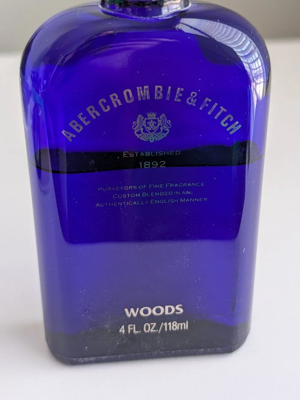 Vintage Abercrombie & Fitch Woods Aftershave 4 oz Blue Glass bottle USA 70% Full